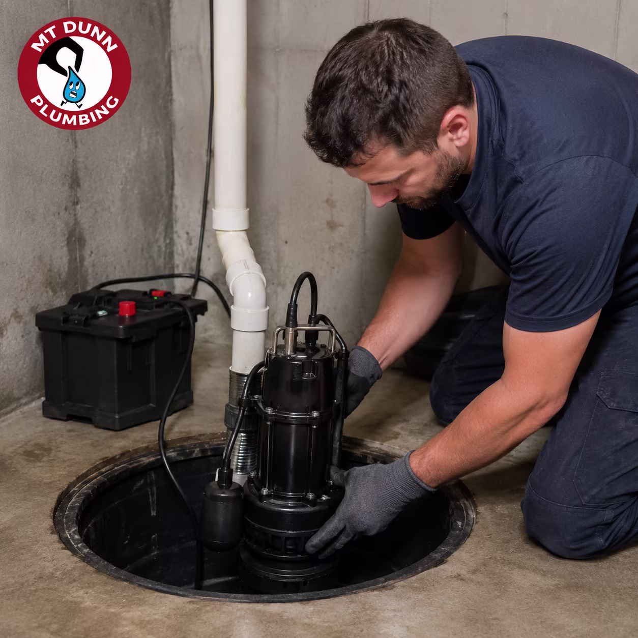 Aging sump pump with battery backup inspected before heavy rain and possible flooding