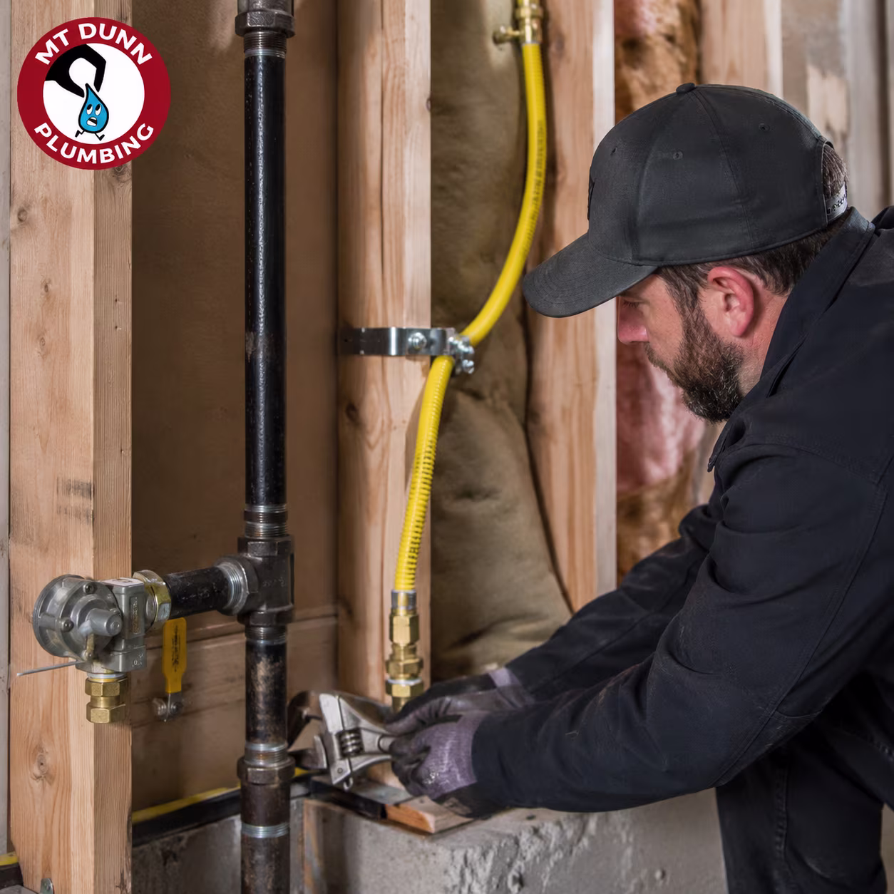 CSST gas tubing routed through a tight space with proper bonding and grounding