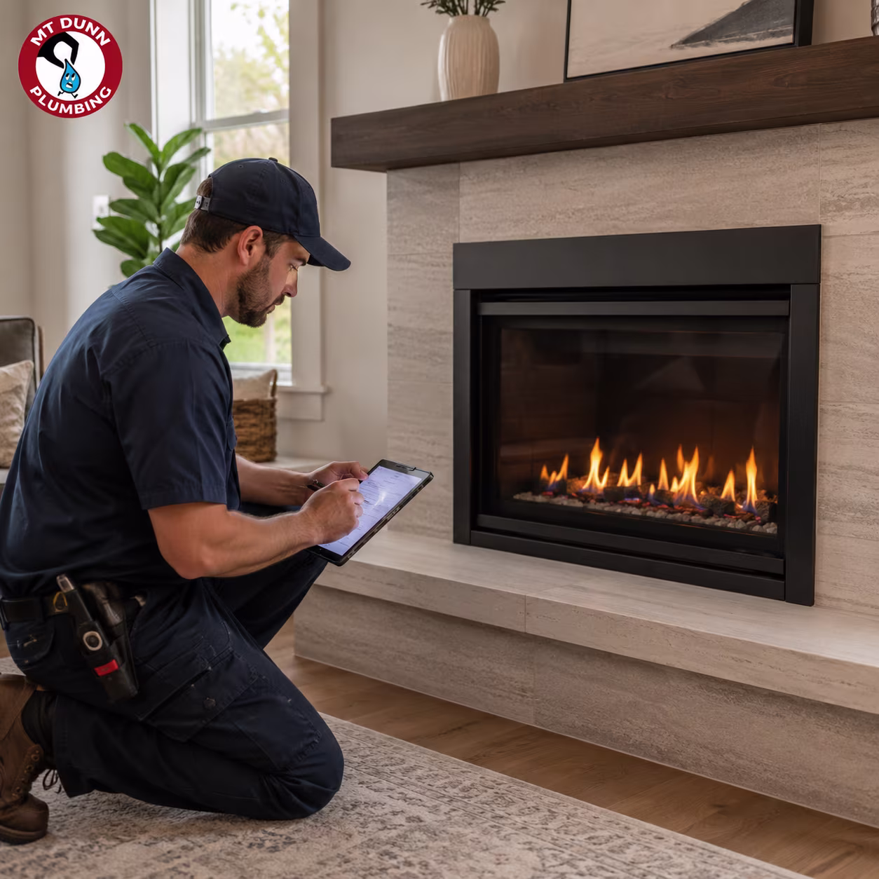 Final gas fireplace inspection confirming safe venting, secure connections, and proper operation