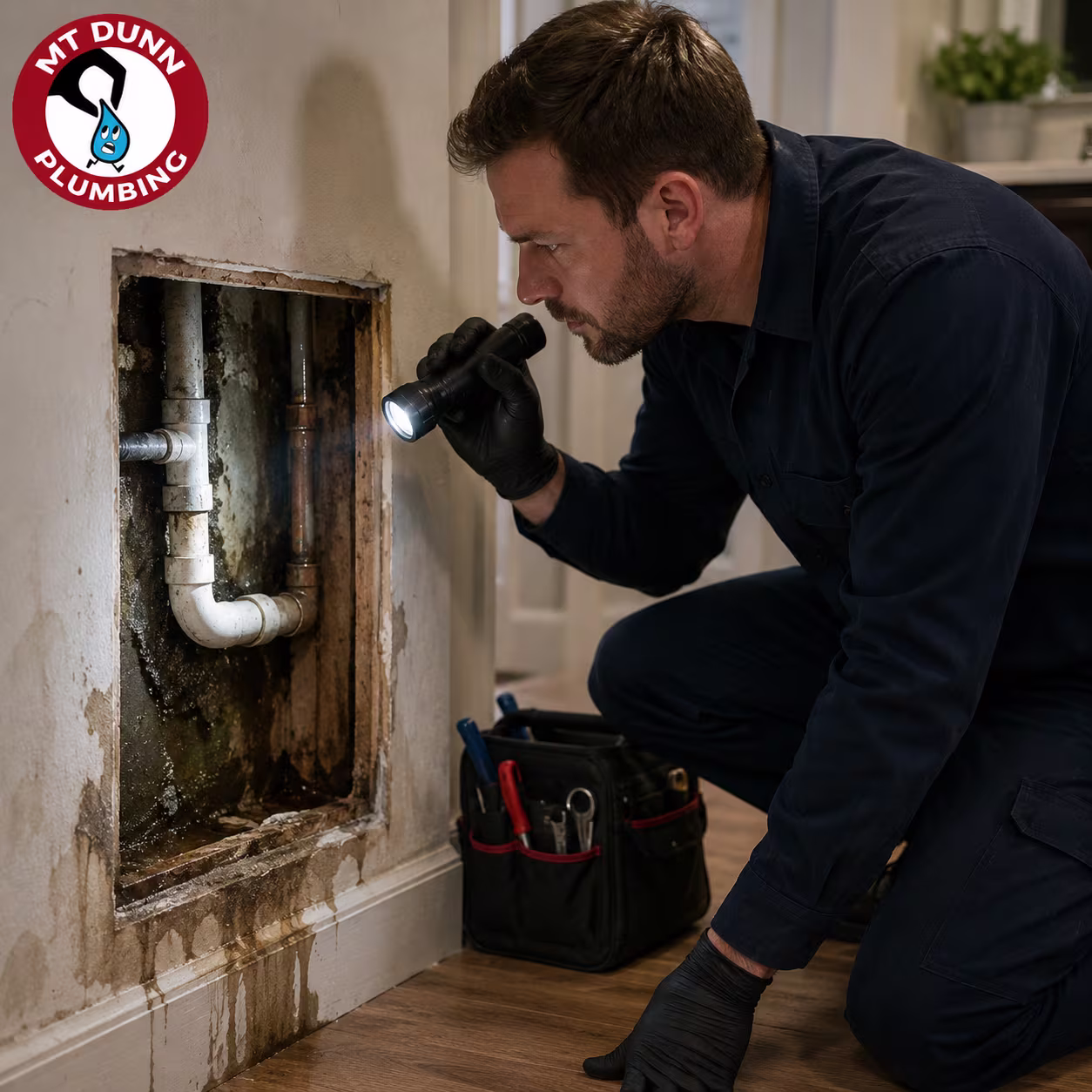 Leak repair specialist investigating moisture and unusual plumbing sounds before major damage occurs