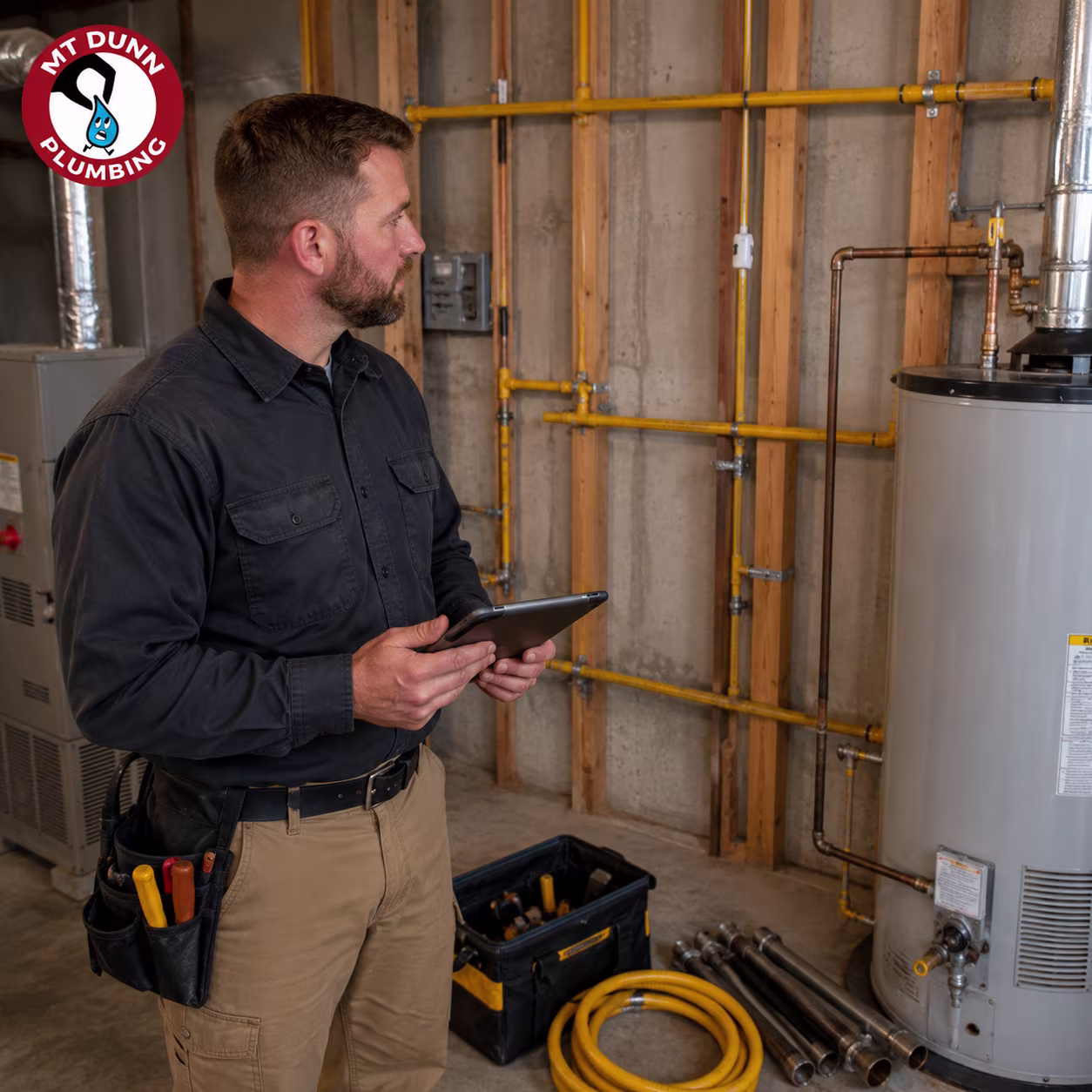 Licensed plumber evaluating black steel and CSST options for a safe gas line installation