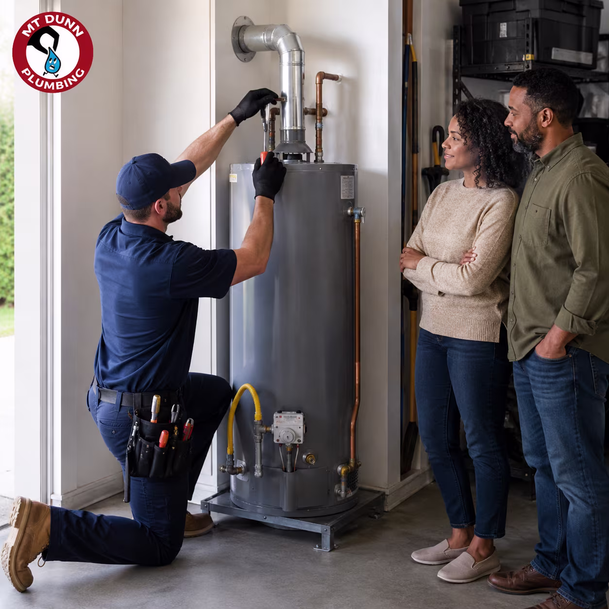 Licensed technician installing a gas water heater with secure venting and code-compliant connections