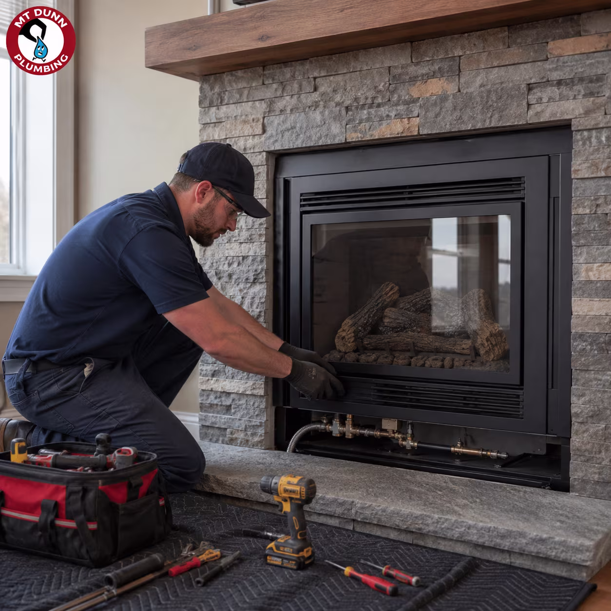 Licensed technician testing gas connections and airtight venting on a residential fireplace