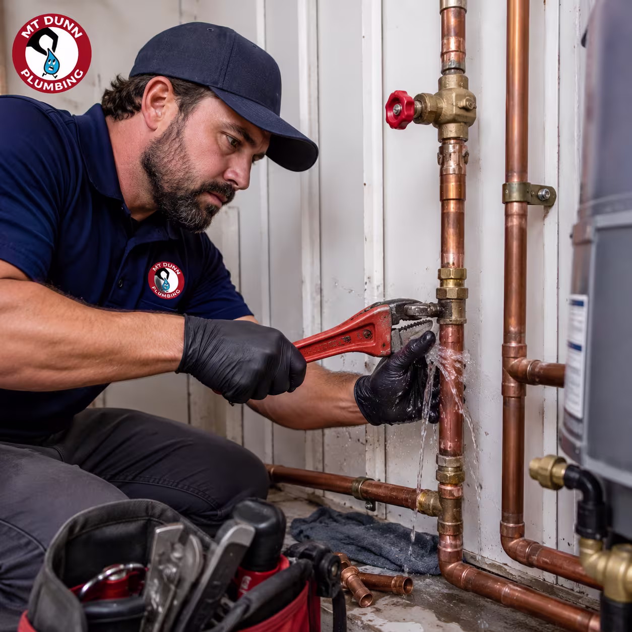 MT Dunn Plumbing technician completing a code-compliant burst pipe repair in Hillsboro