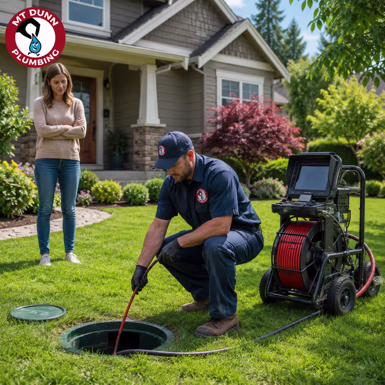 MT Dunn Plumbing technician evaluating a damaged sewer line for trenchless replacement in Hillsboro