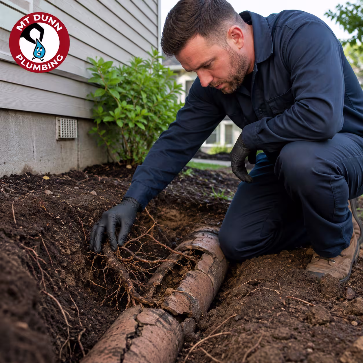 MT Dunn Plumbing technician inspecting a damaged residential sewer line in Hillsboro