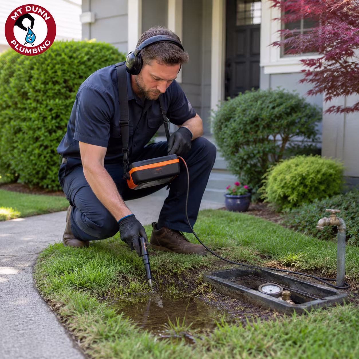 MT Dunn Plumbing technician inspecting a damaged underground water line in Hillsboro