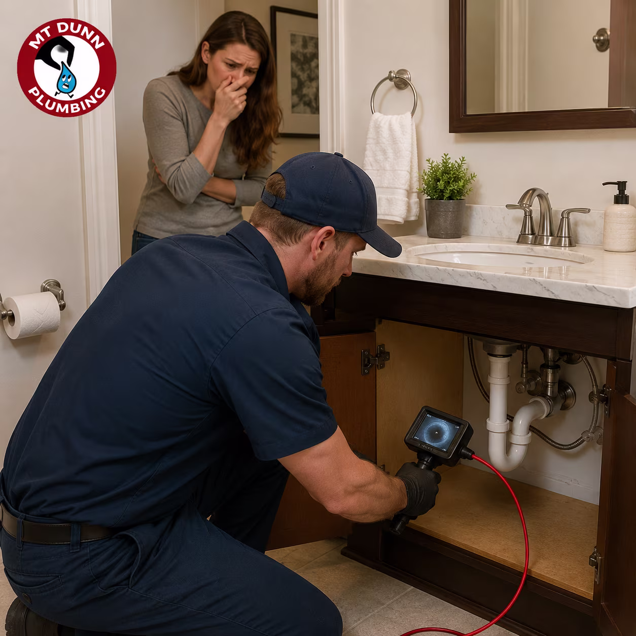 MT Dunn Plumbing technician inspecting a leaking kitchen sink in a Hillsboro home