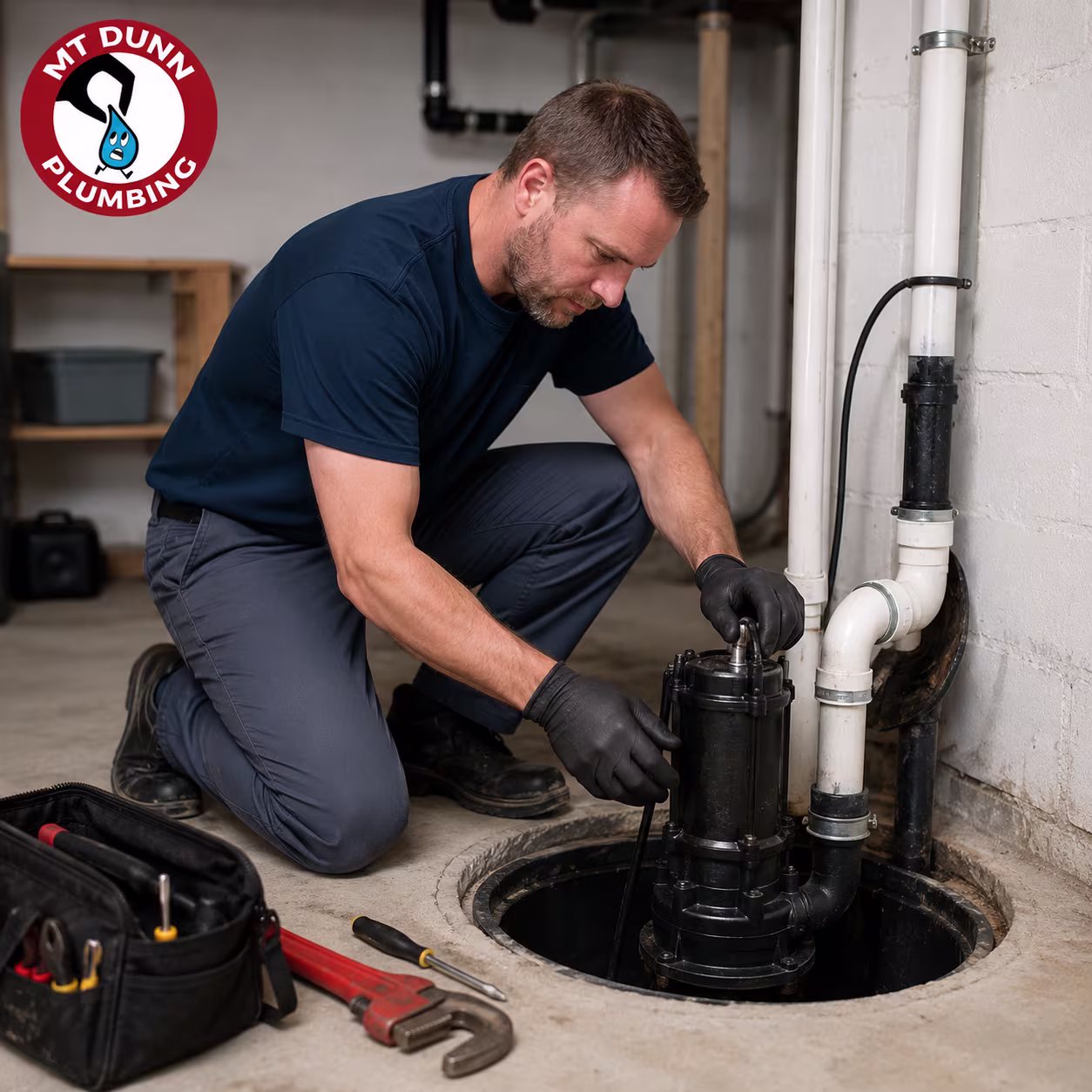 MT Dunn Plumbing technician inspecting a sump pump that failed to start in a Hillsboro basement
