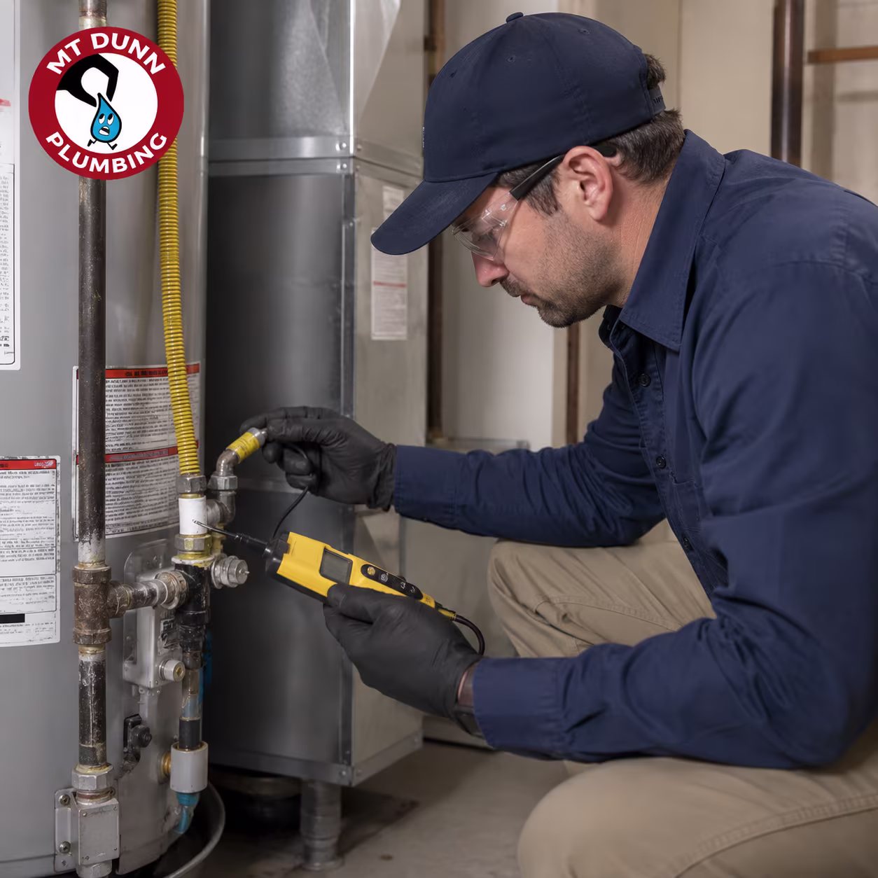 MT Dunn Plumbing technician inspecting a suspected residential gas leak in Hillsboro