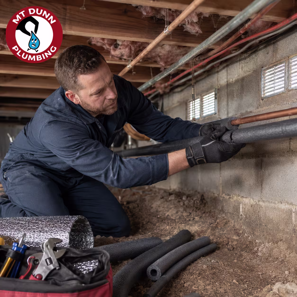 MT Dunn Plumbing technician inspecting crawl space pipes at risk of freezing in a Hillsboro home
