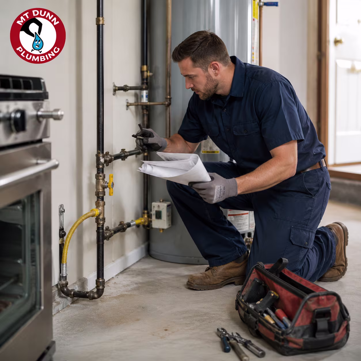 MT Dunn Plumbing technician planning a new residential gas line installation in Hillsboro