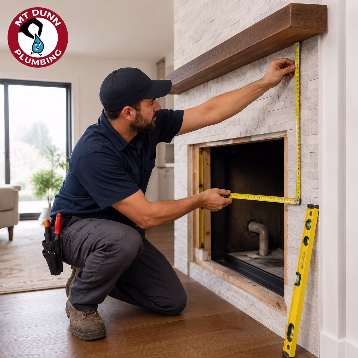 MT Dunn Plumbing technician preparing a gas fireplace installation in a Hillsboro home