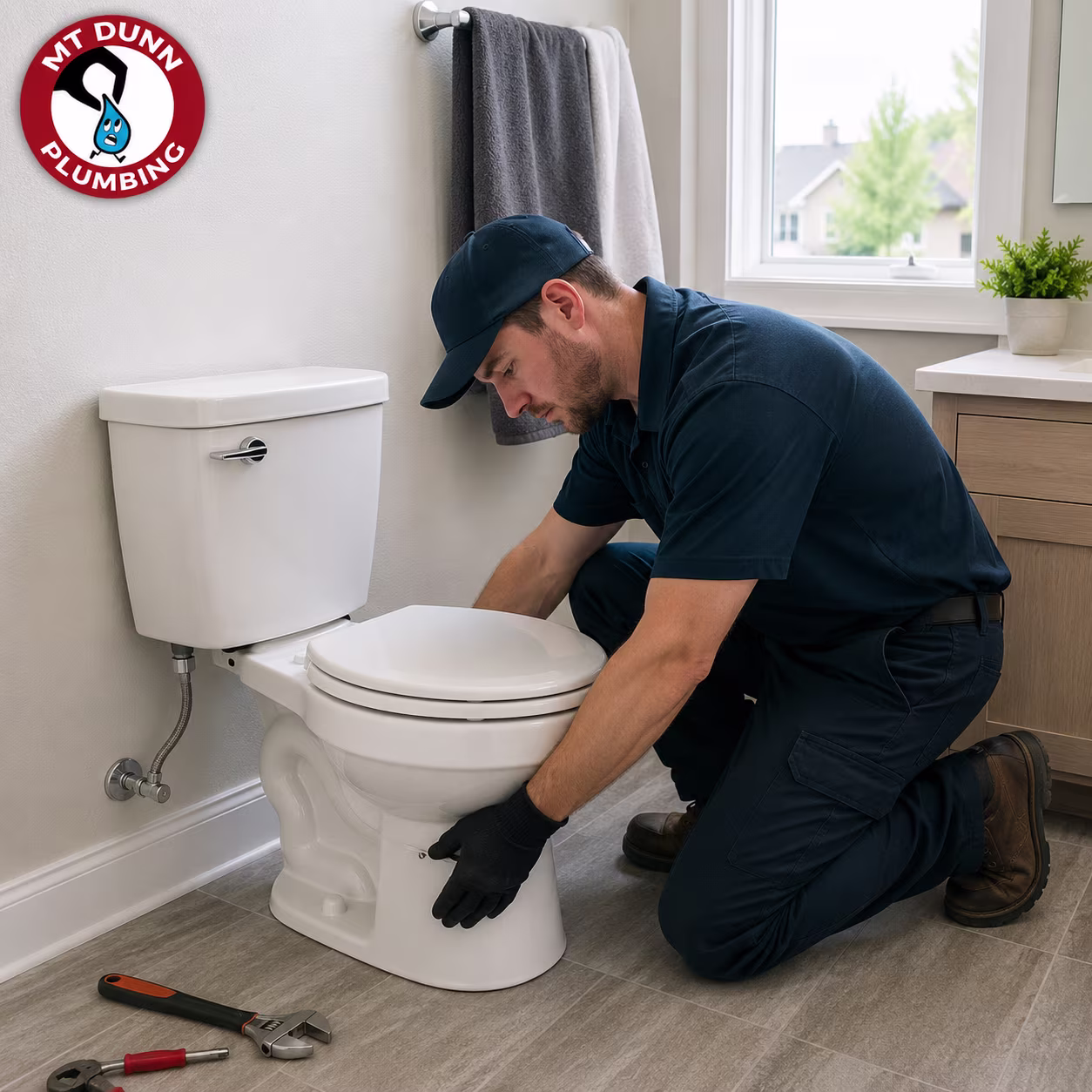 MT Dunn Plumbing technician preparing a new toilet installation in a Hillsboro bathroom