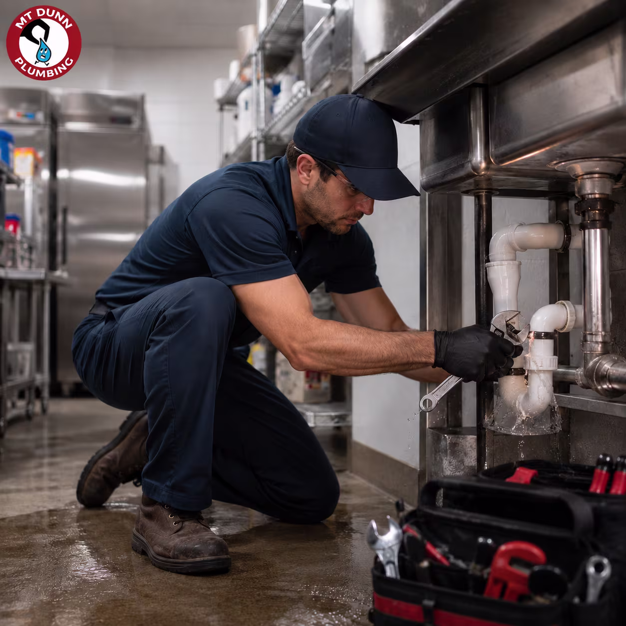 MT Dunn Plumbing technician repairing a commercial plumbing leak with minimal business disruption