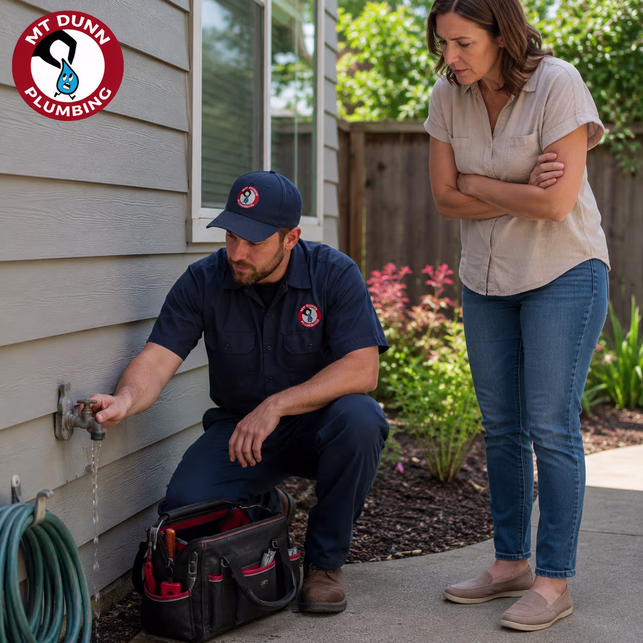 MT Dunn Plumbing technician repairing a dripping outdoor hose bib in Hillsboro