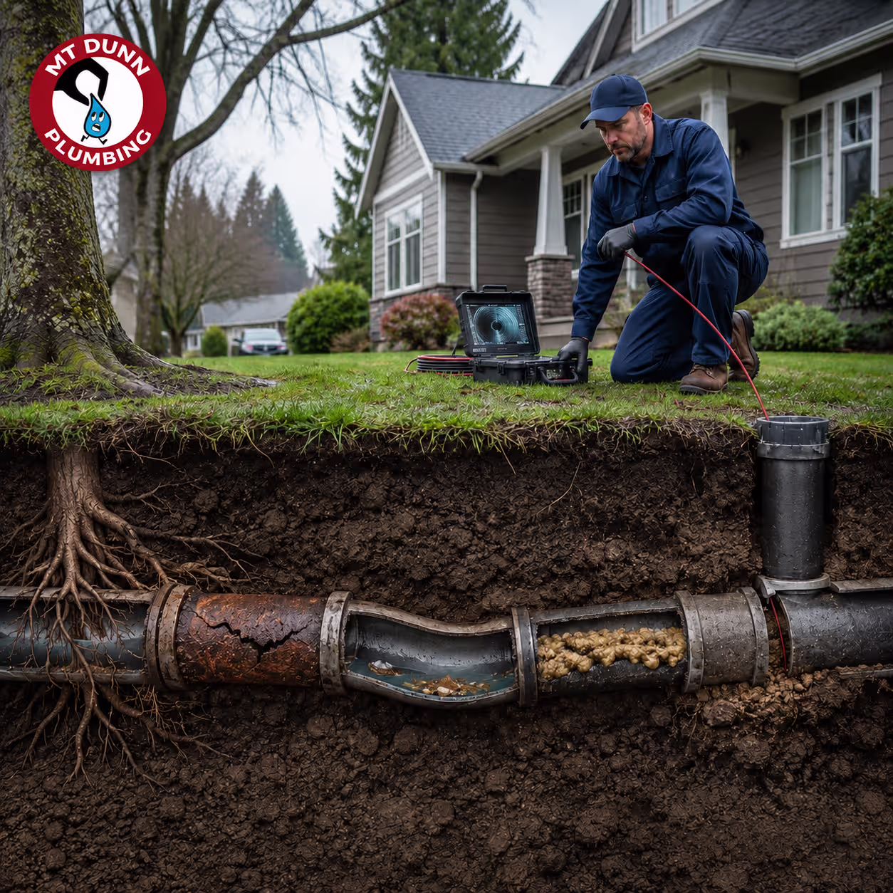 MT Dunn Plumbing technician restoring proper sewer flow with inspection equipment