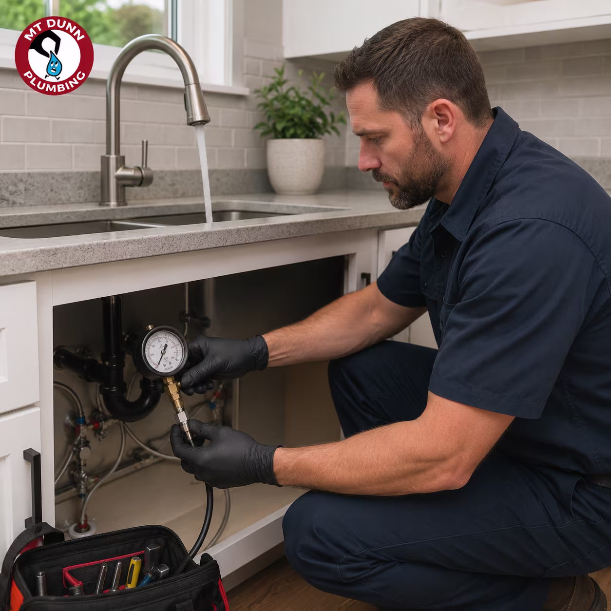 MT Dunn Plumbing technician testing low or high water pressure in a Hillsboro home