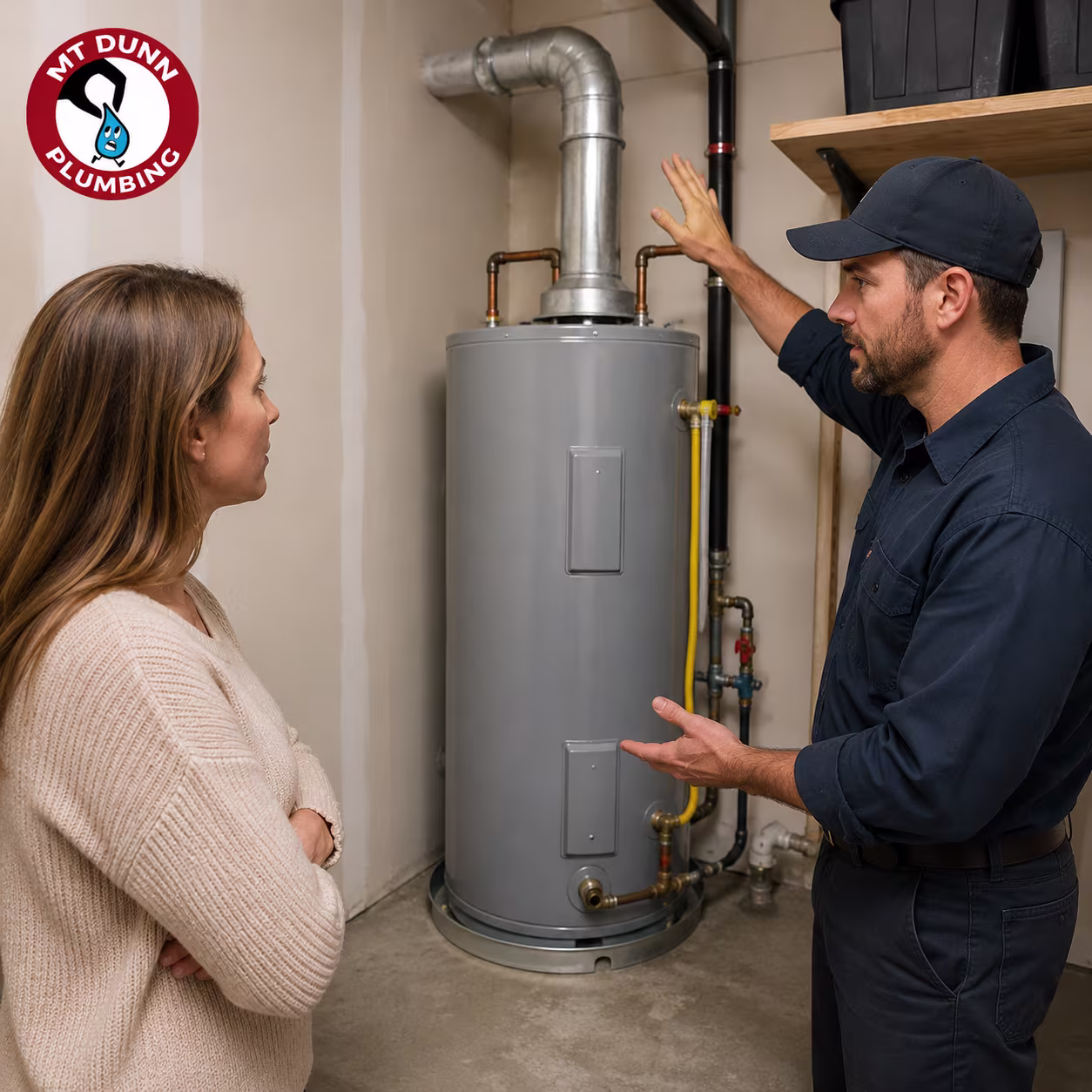 Plumber checking gas connections, venting, clearances, and shut-off valves before installation