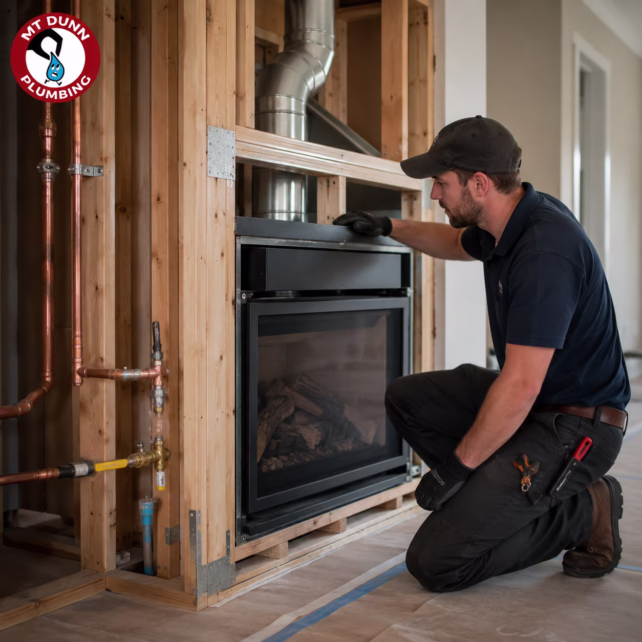 Plumber checking gas line routing, venting clearances, and fireplace placement before installation