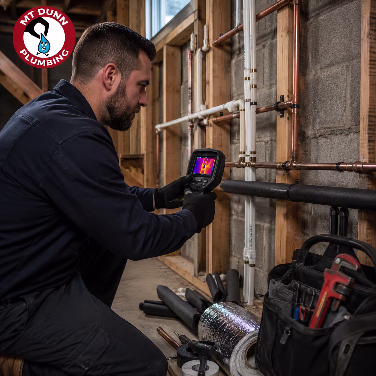 Plumber checking outdoor hose bibs, exposed pipes, and unheated areas before winter