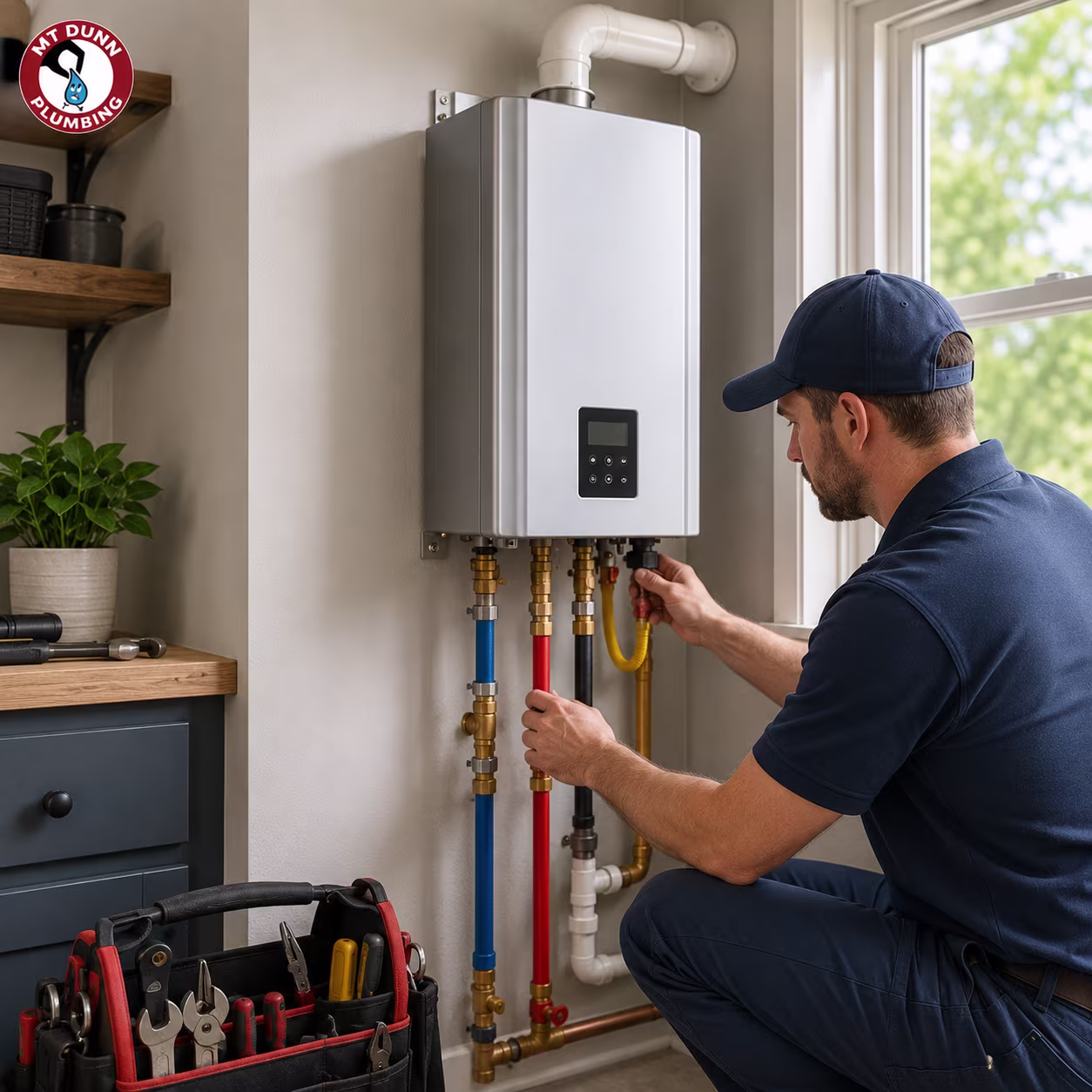 Plumber checking tankless water heater installation requirements