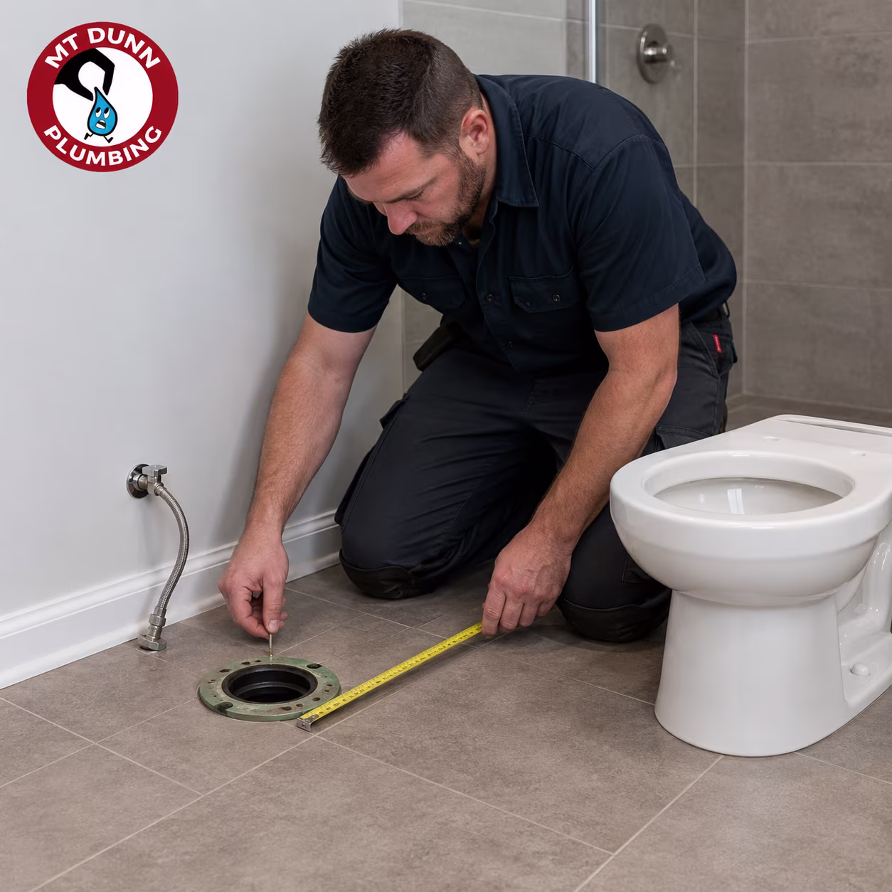 Plumber checking toilet size, rough-in spacing, water connection, and bathroom layout before installation
