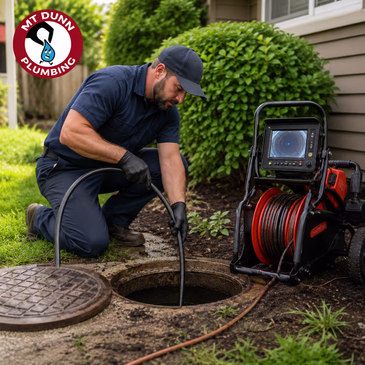Plumber clearing a sewer blockage and testing the line for proper wastewater flow
