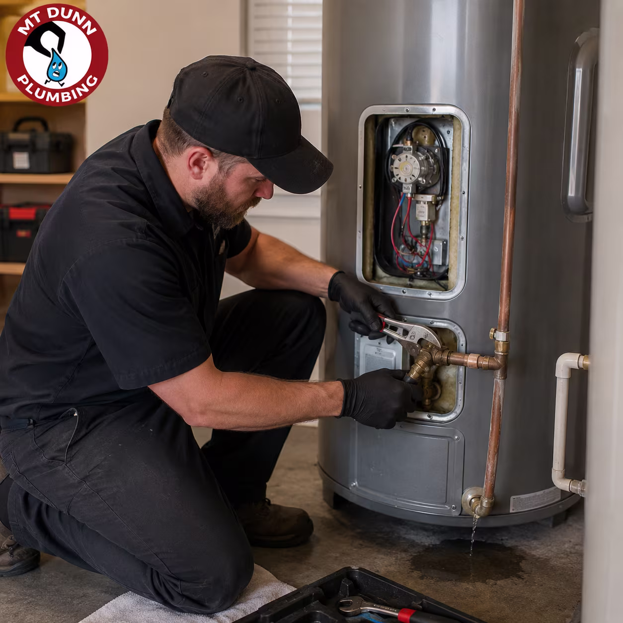 Plumber diagnosing residential water heater problems