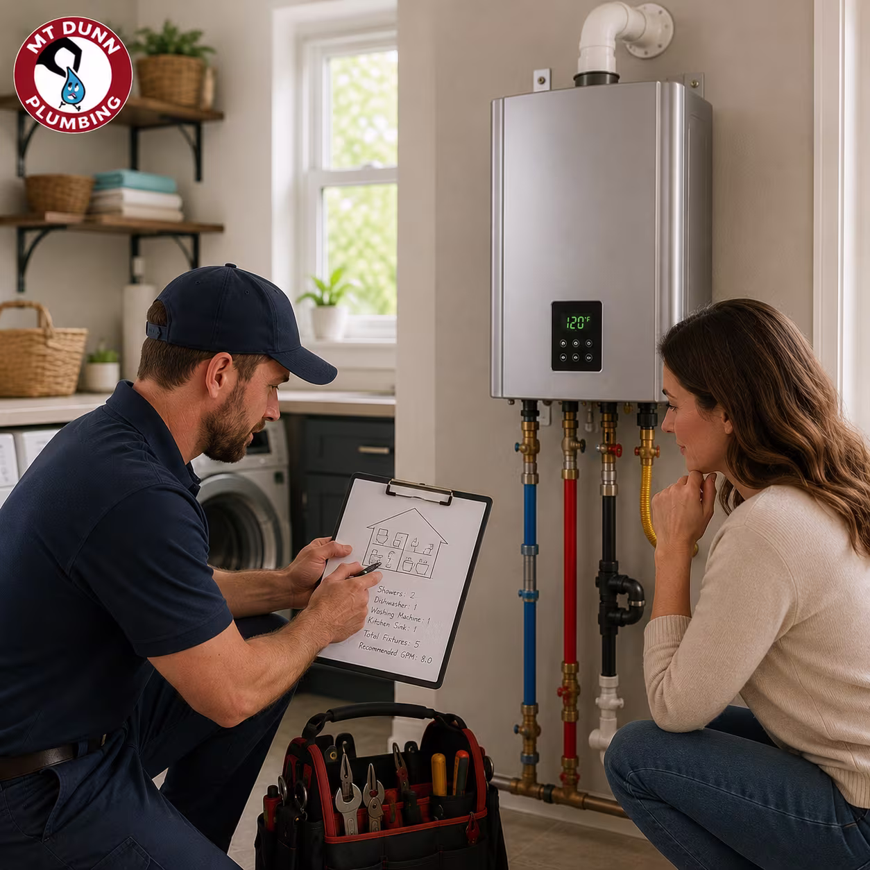 Plumber explaining tankless water heater sizing to homeowners
