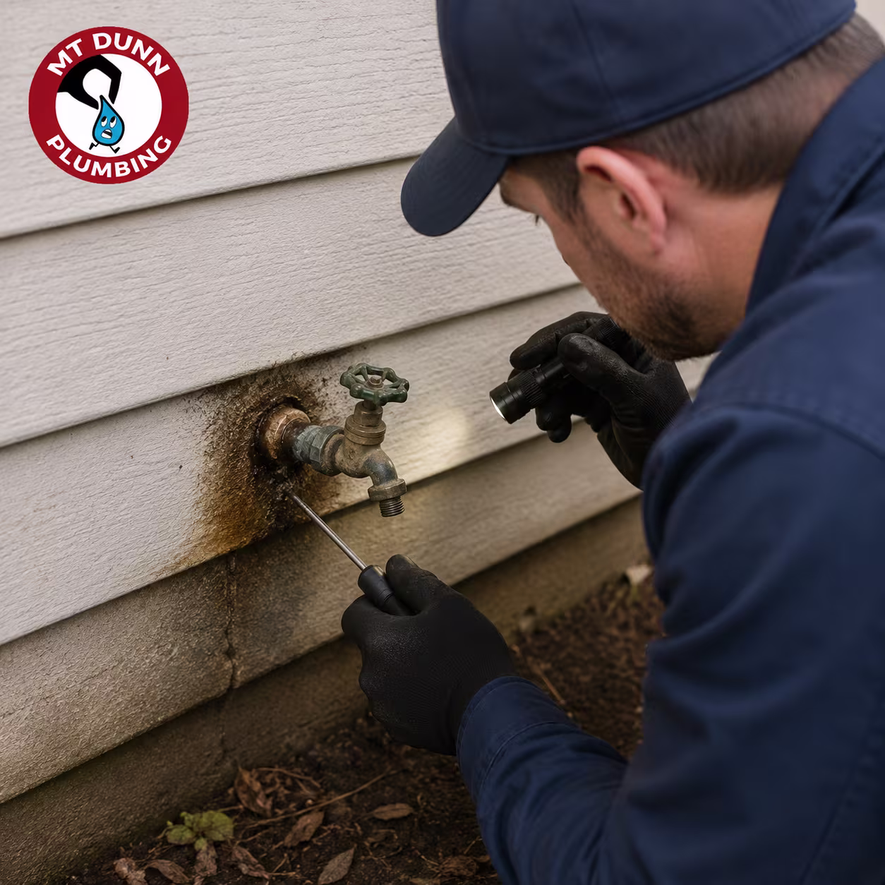 Plumber inspecting an exterior faucet for leaks, corrosion, and pipe damage