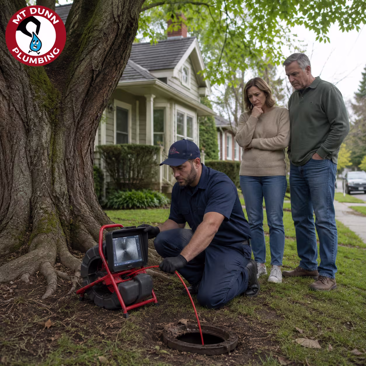 Plumber inspecting an older clay sewer line near mature trees for hidden deterioration
