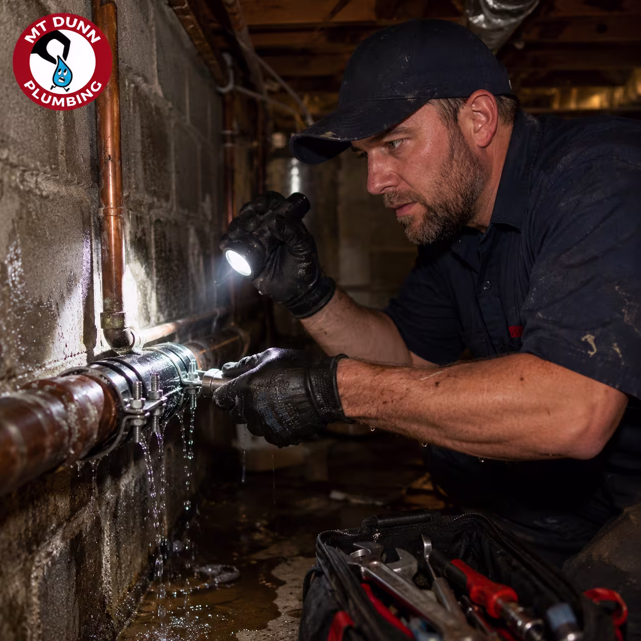 Plumber repairing a burst pipe in a basement or crawl space