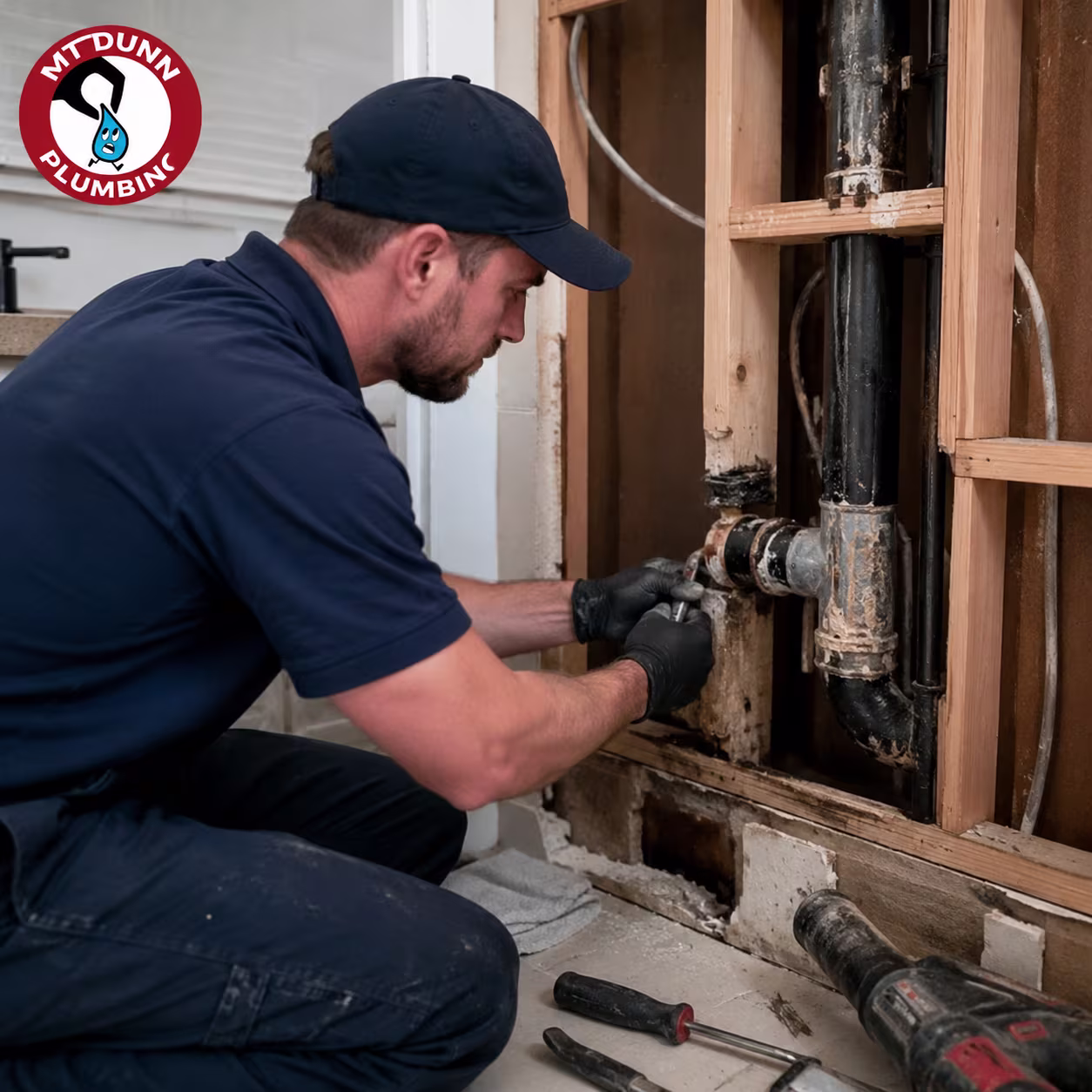 Plumber repairing a cracked drain and vent pipe causing sewer odors