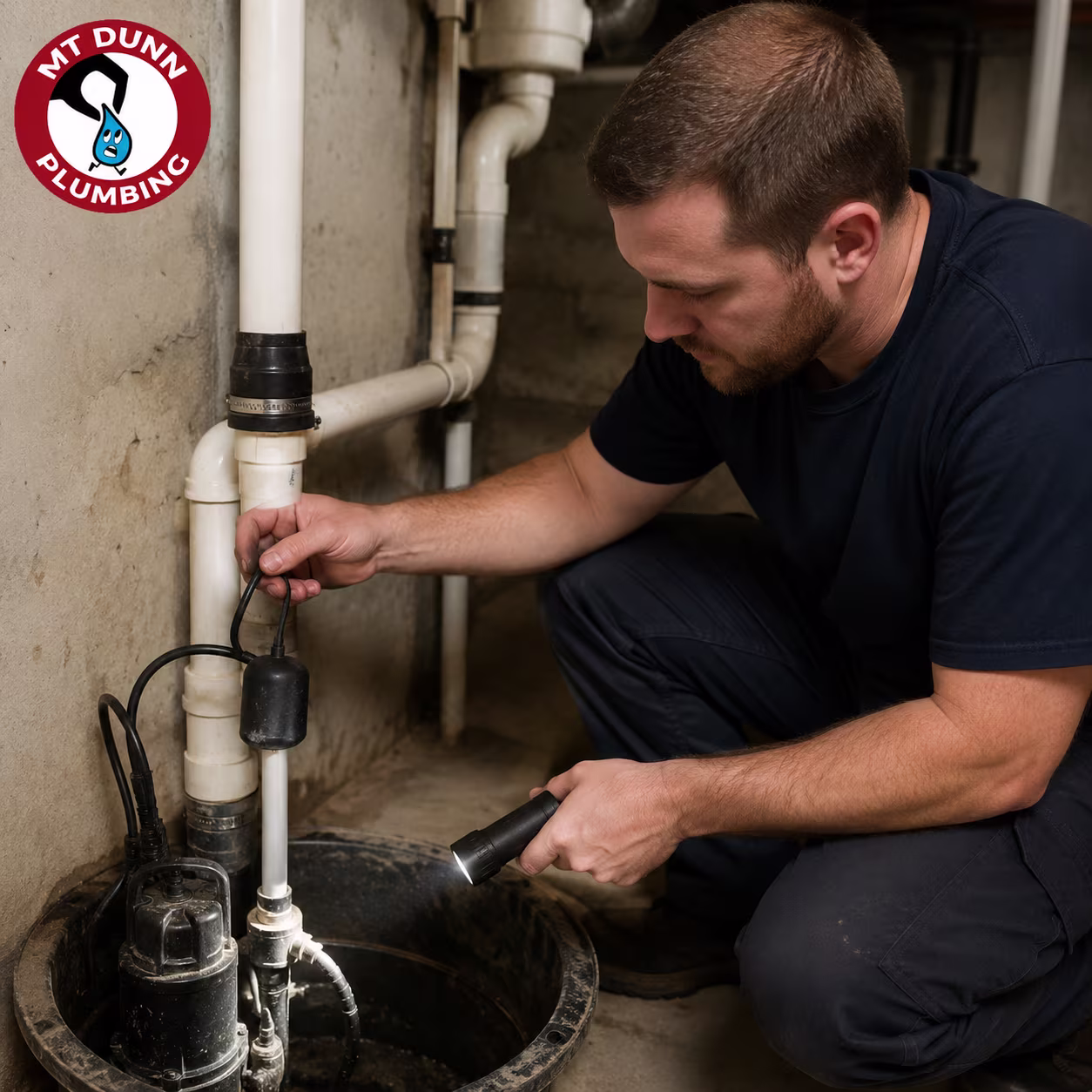 Plumber repairing a stuck float switch, clogged discharge line, or faulty check valve