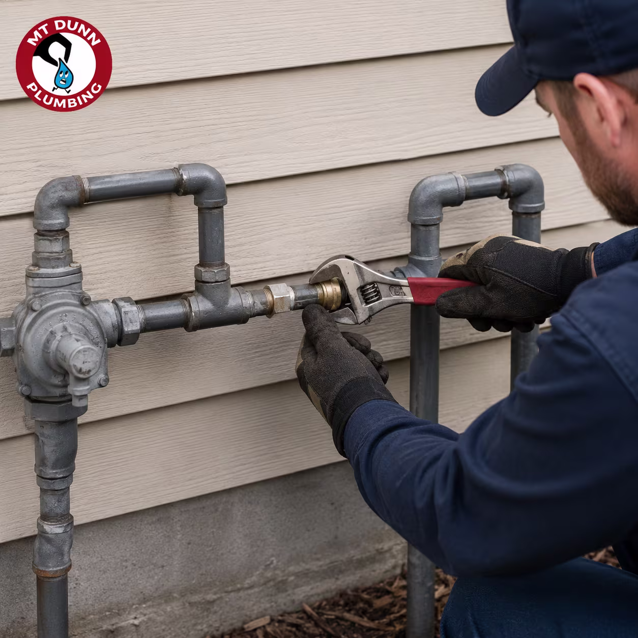 Plumber repairing an isolated leak at a gas pipe fitting without replacing the entire line