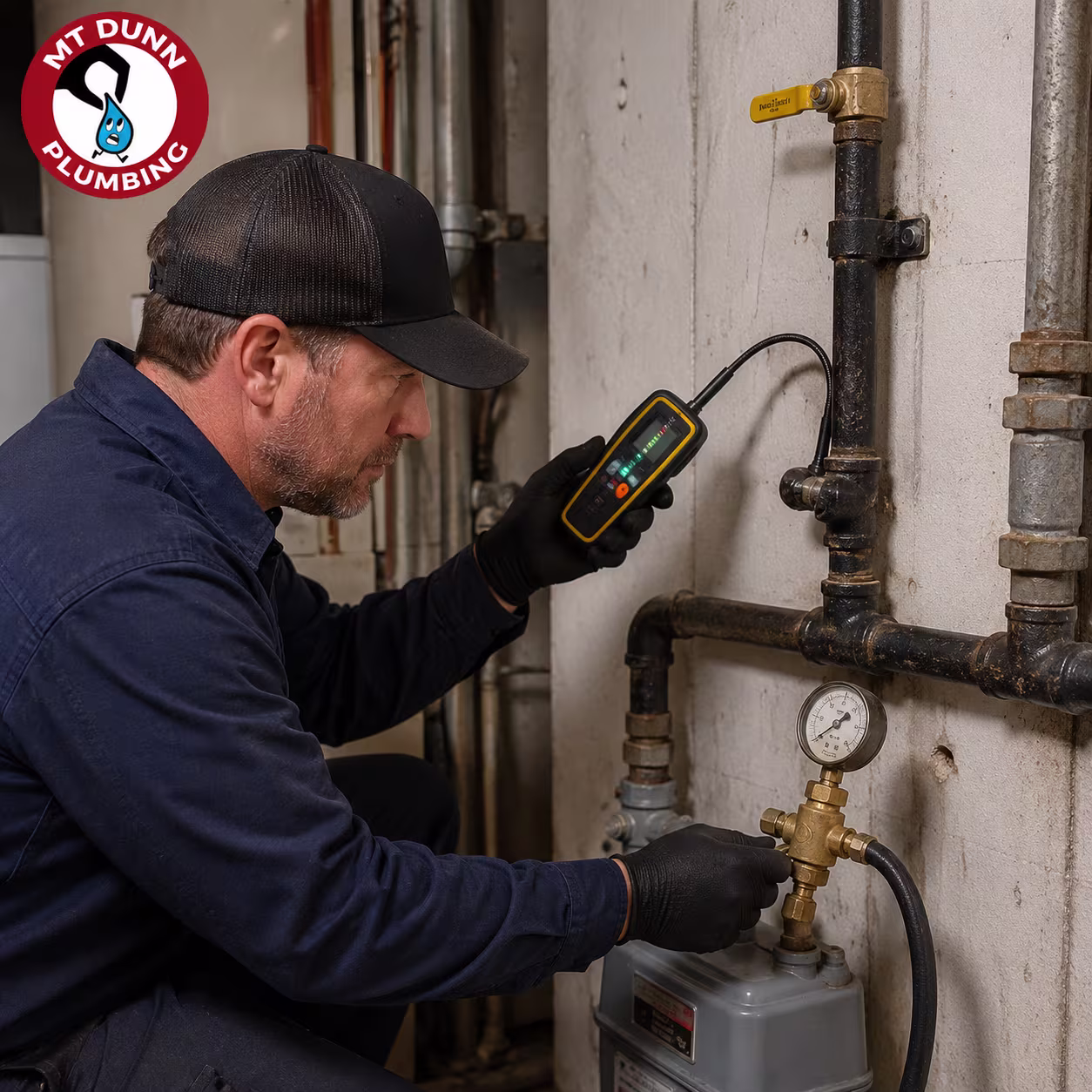 Professional gas line inspection uncovering corrosion, loose fittings, and damaged pipe connections