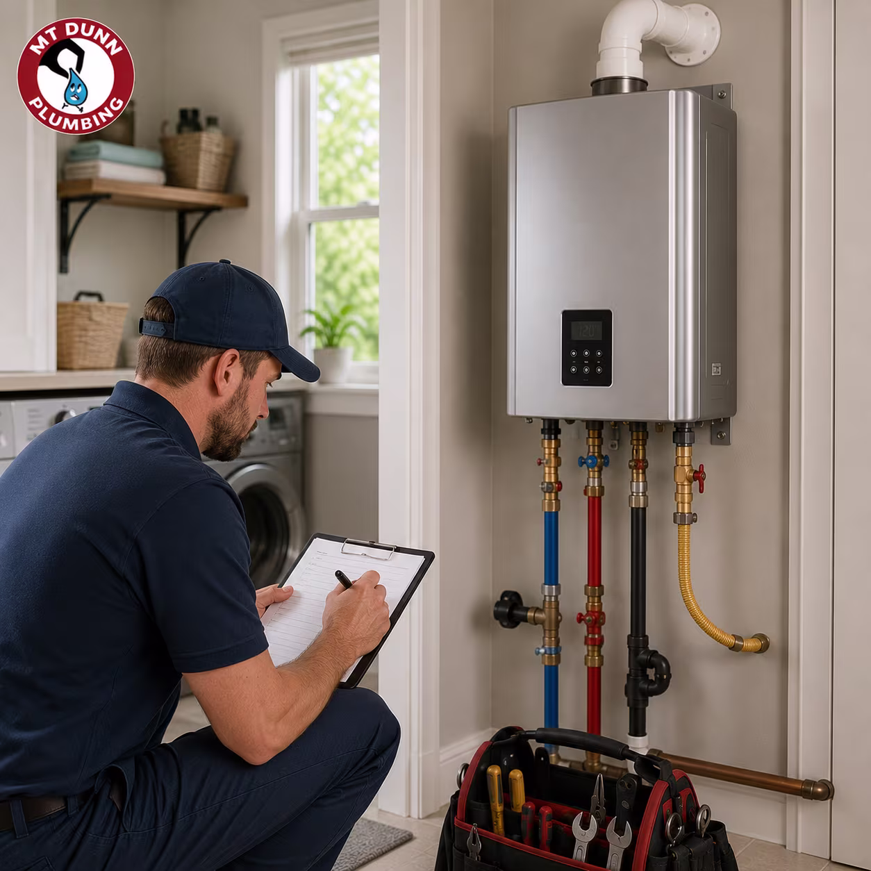 Technician calculating tankless water heater flow rate
