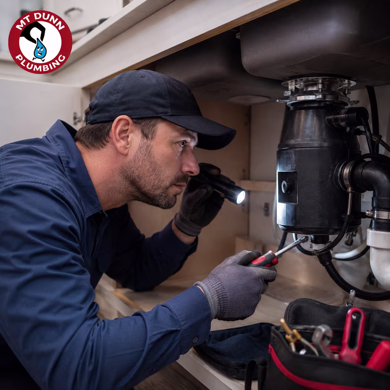 Technician checking a humming disposal for a stuck impeller, worn seal, or tripped reset button