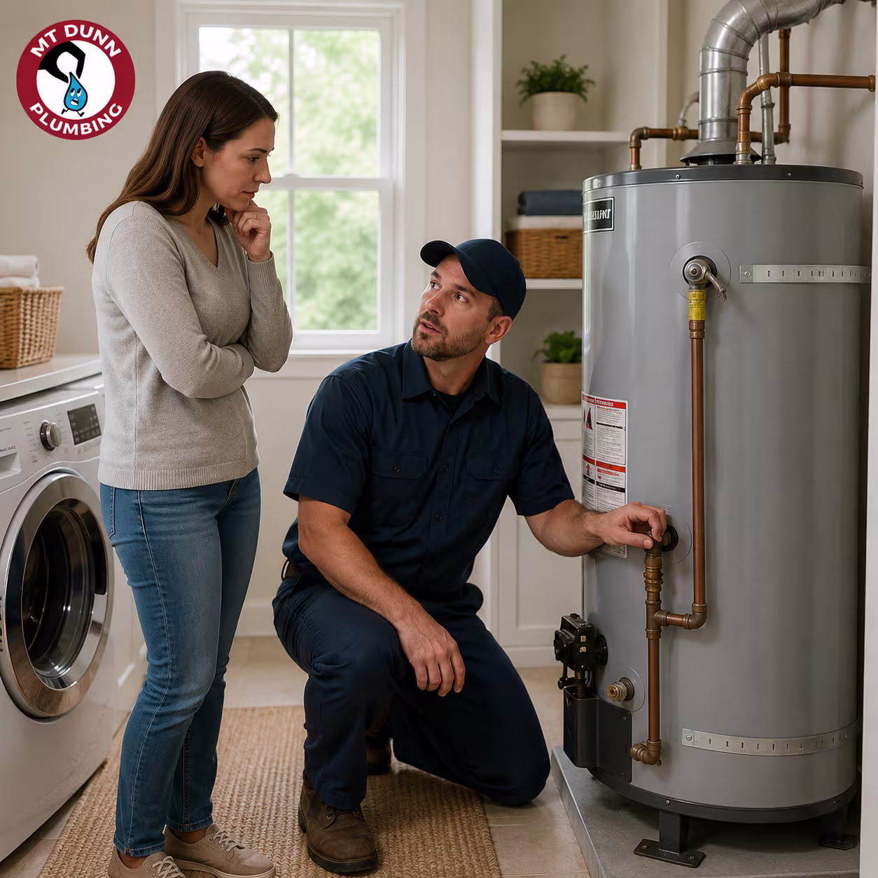 Technician checking a water heater leak near finished flooring