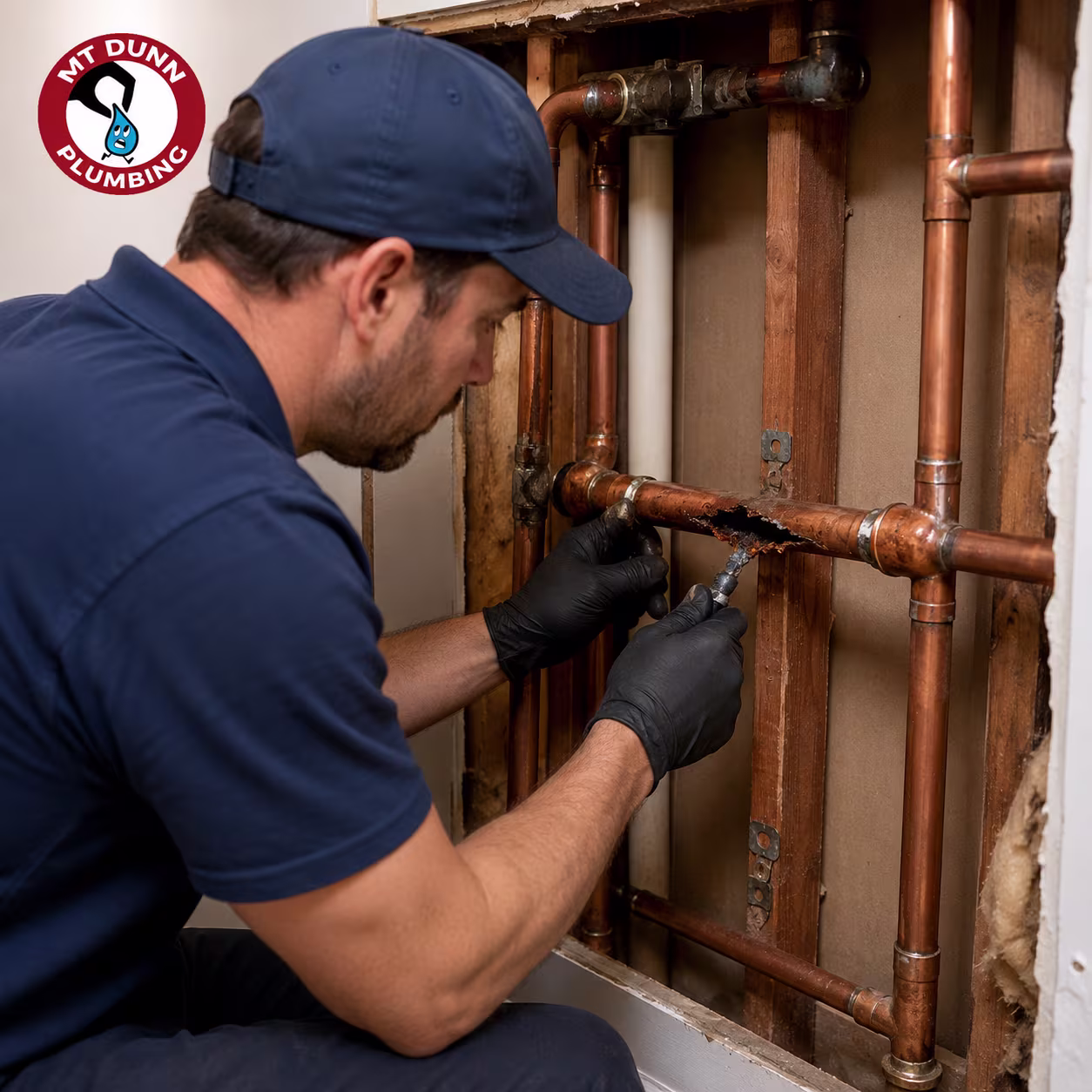 Technician evaluating whether a damaged pipe section needs repair or full replacement
