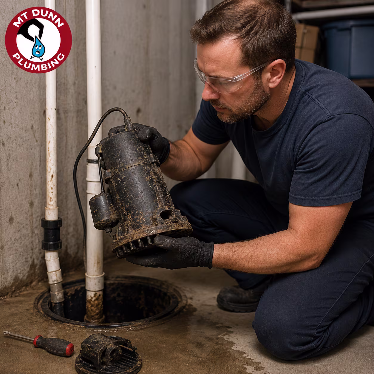 Technician evaluating whether an older sump pump should be repaired or replaced