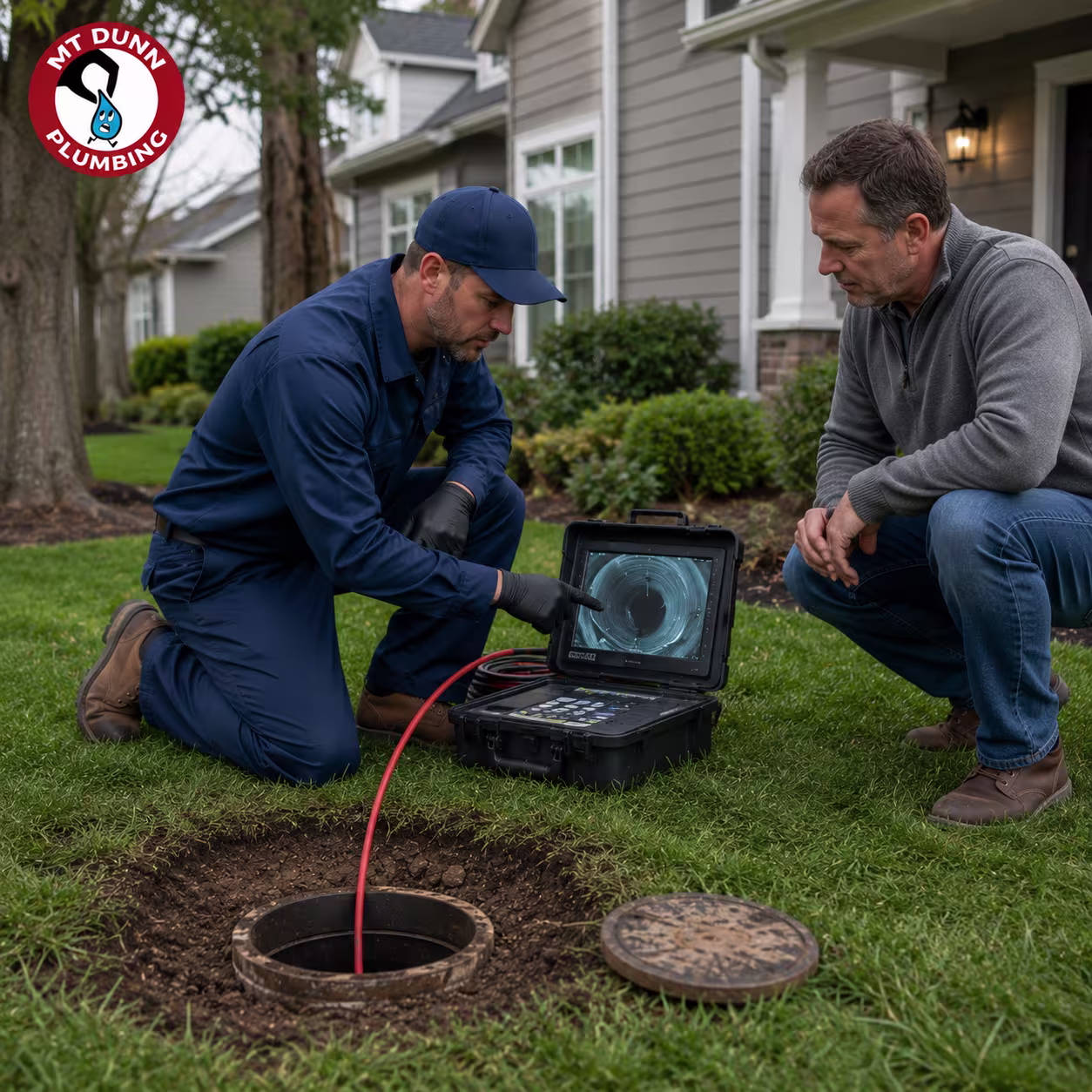Technician explaining sewer repair and replacement options to a Hillsboro homeowner