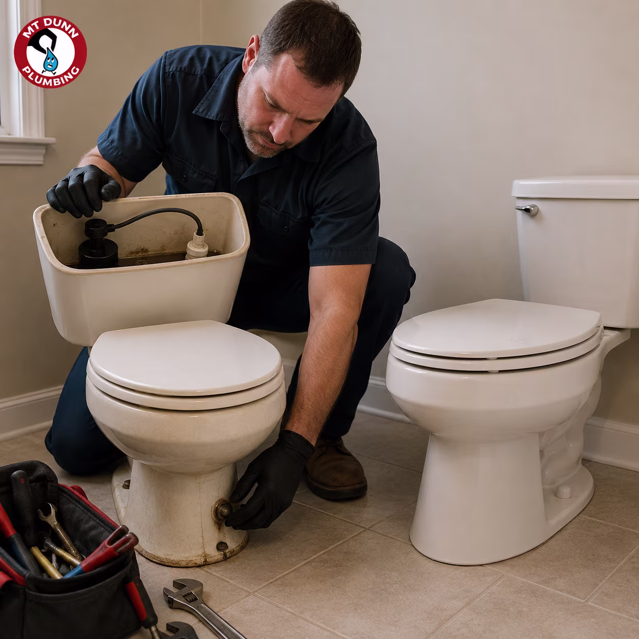 Technician inspecting a toilet fill valve, flapper, and seal to decide between repair and replacement