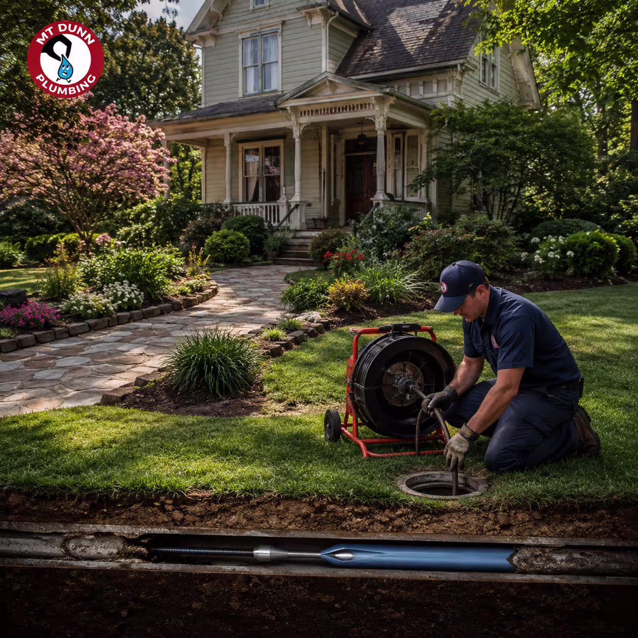 Trenchless sewer line replacement beneath mature landscaping at an older Hillsboro home