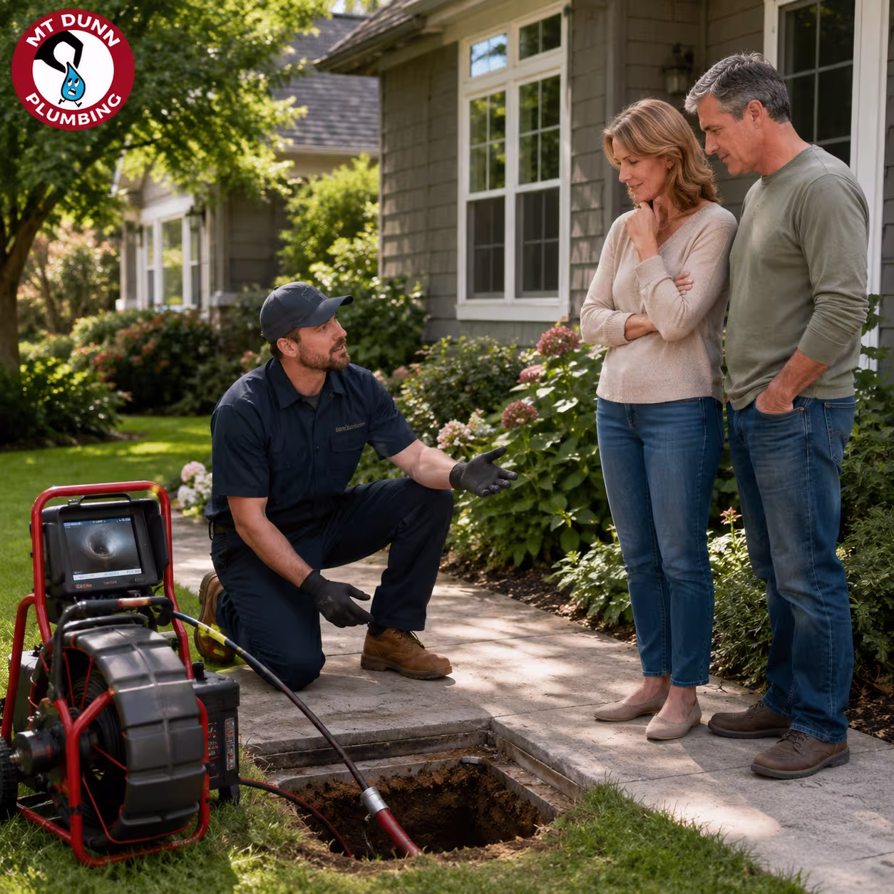 Trenchless sewer replacement protecting trees, walkways, and landscaping around an established home