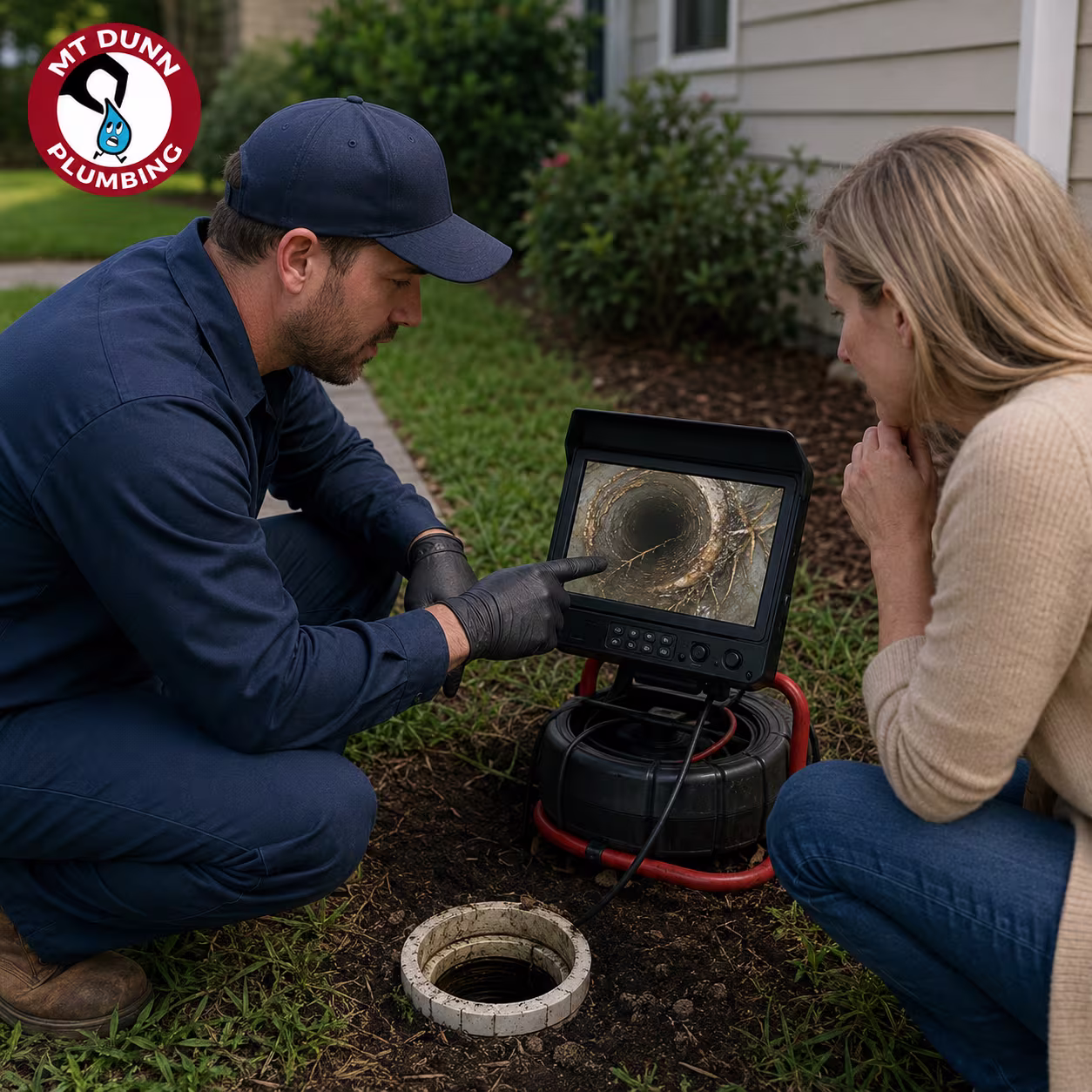 Video pipe inspection showing tree roots and damage inside an underground sewer pipe
