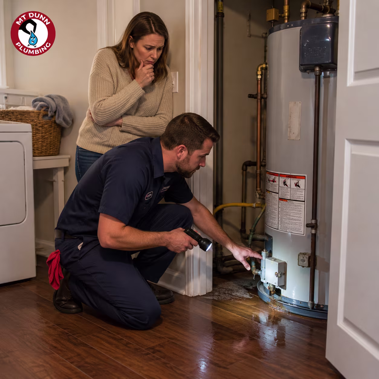 Water leaking from the base of a damaged water heater