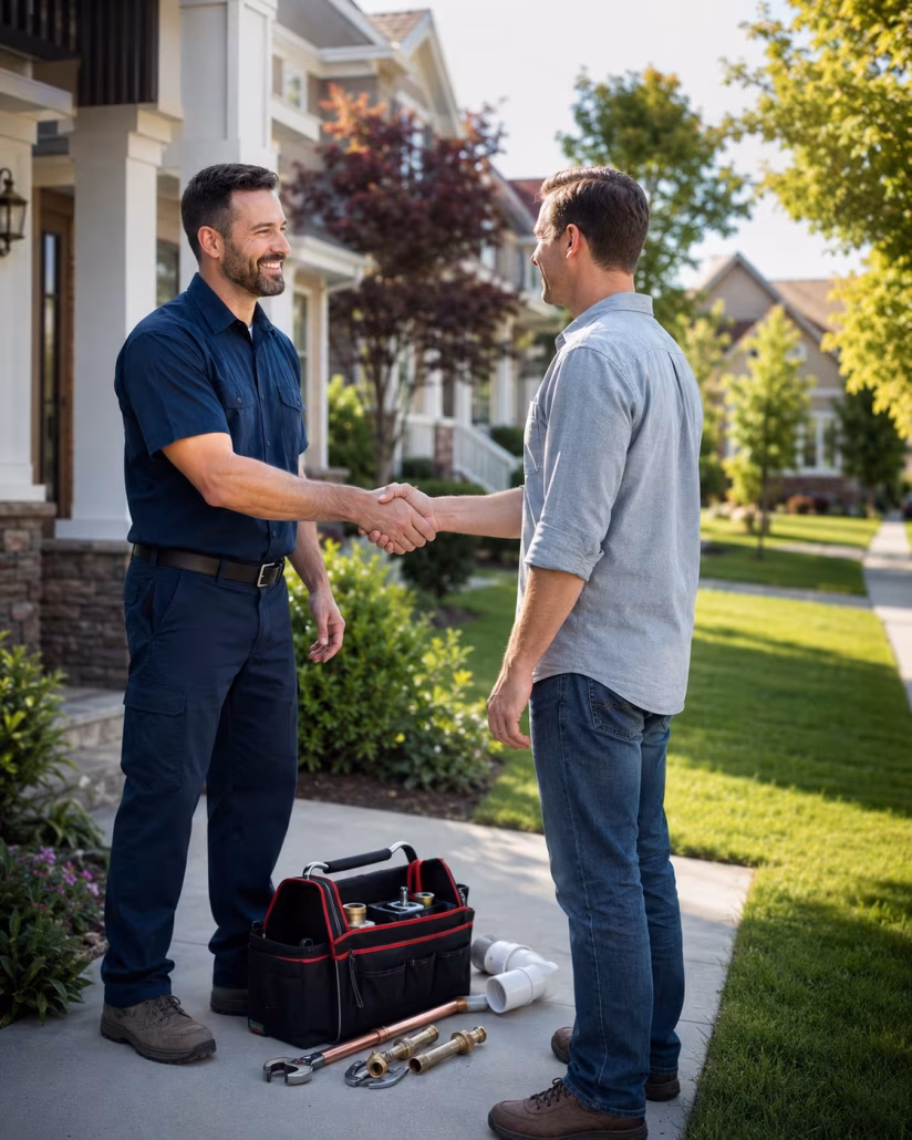 Locally owned plumber shaking hands with homeowner in suburban neighborhood