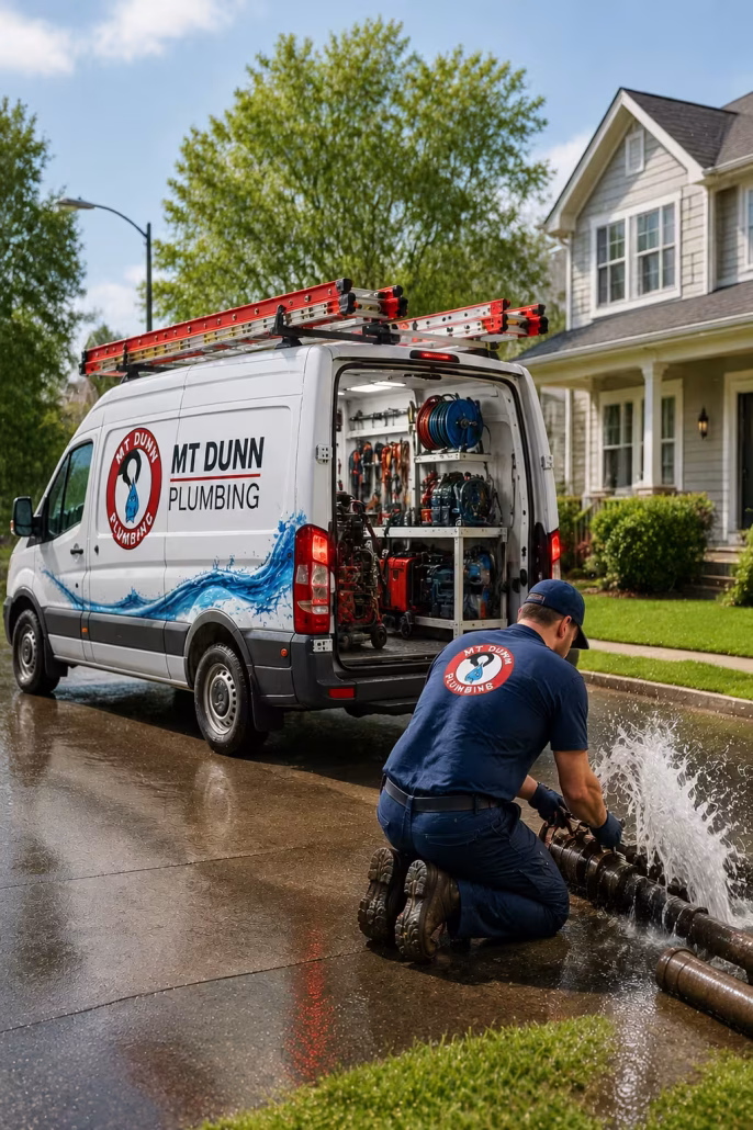 MT Dunn Plumbing emergency plumber fixing a water leak.